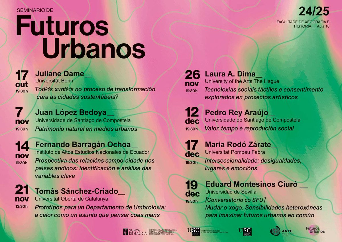 Adiántase a este xoves (13.30h) a nova sesión do Seminario de Futuros Urbanos da USC: "Prototipos para un Departamento de Umbroloxía: a calor como un asunto que pensar coas mans", con Tomás Sánchez Criado. ✍️🏻