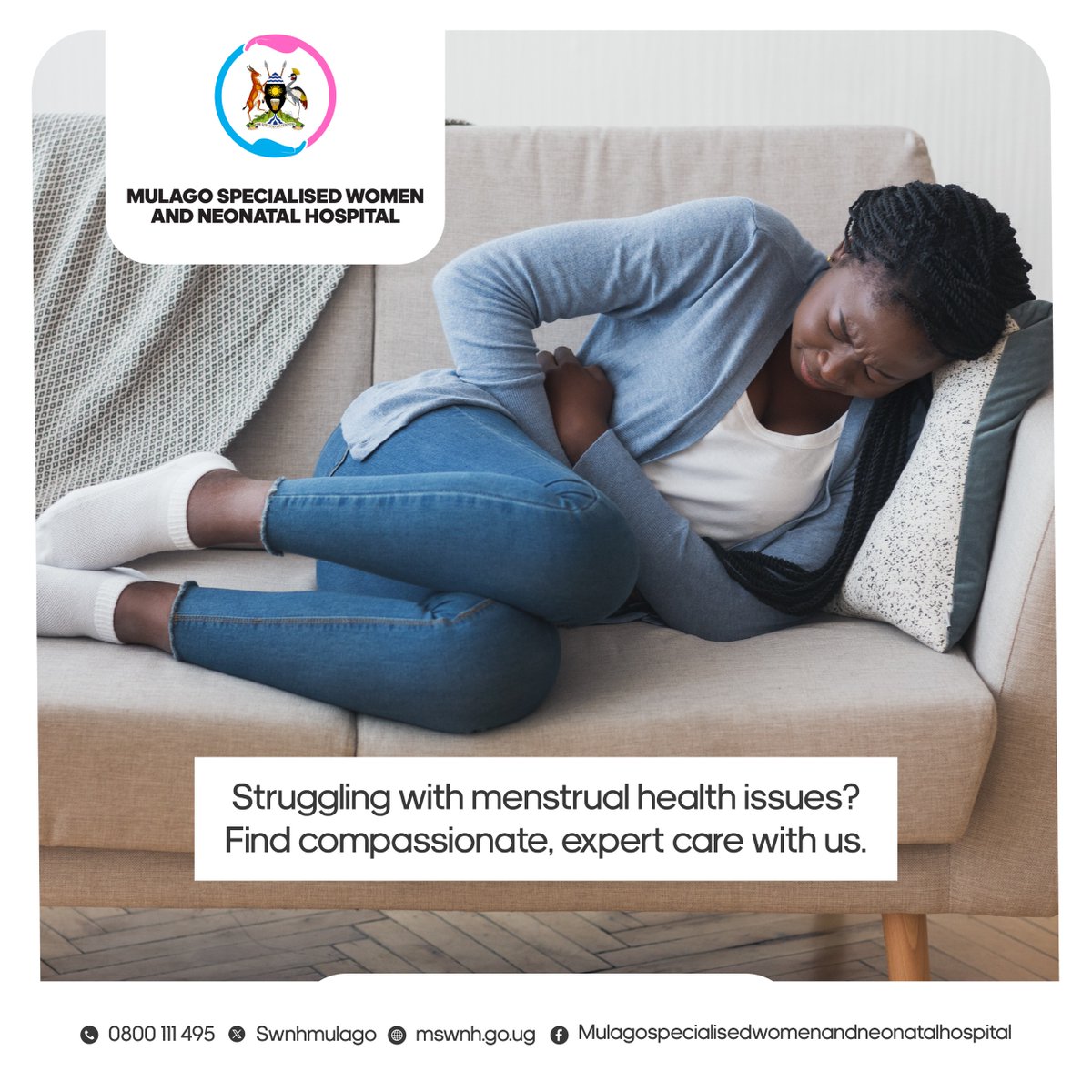 Your well-being matters! 🌸
Are menstrual health issues holding you back? 

Let the experts at Mulago Specialised Women and Neonatal Hospital provide the compassionate care you deserve. 💕

📞 Reach out today: 0800 111 495

#InTheBestHands | #MSWNHUpdates