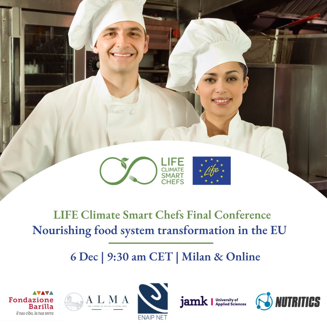 There are only a few days left to the LIFE Climate Smart Chefs final conference!
Join us!
📅 6 December – Milan + online
🕒 9:30 am CET
🔗 Discover the agenda &amp; register: climatesmartchefs.eu/final-conferen…

<a href="/Alma_School/">Alma Scuola Cucina</a> <a href="/enaip_net/">ENAIP NET</a> @jamk_fi <a href="/Nutritics/">Nutritics</a> <a href="/LIFEprogramme/">LIFE Programme</a>
