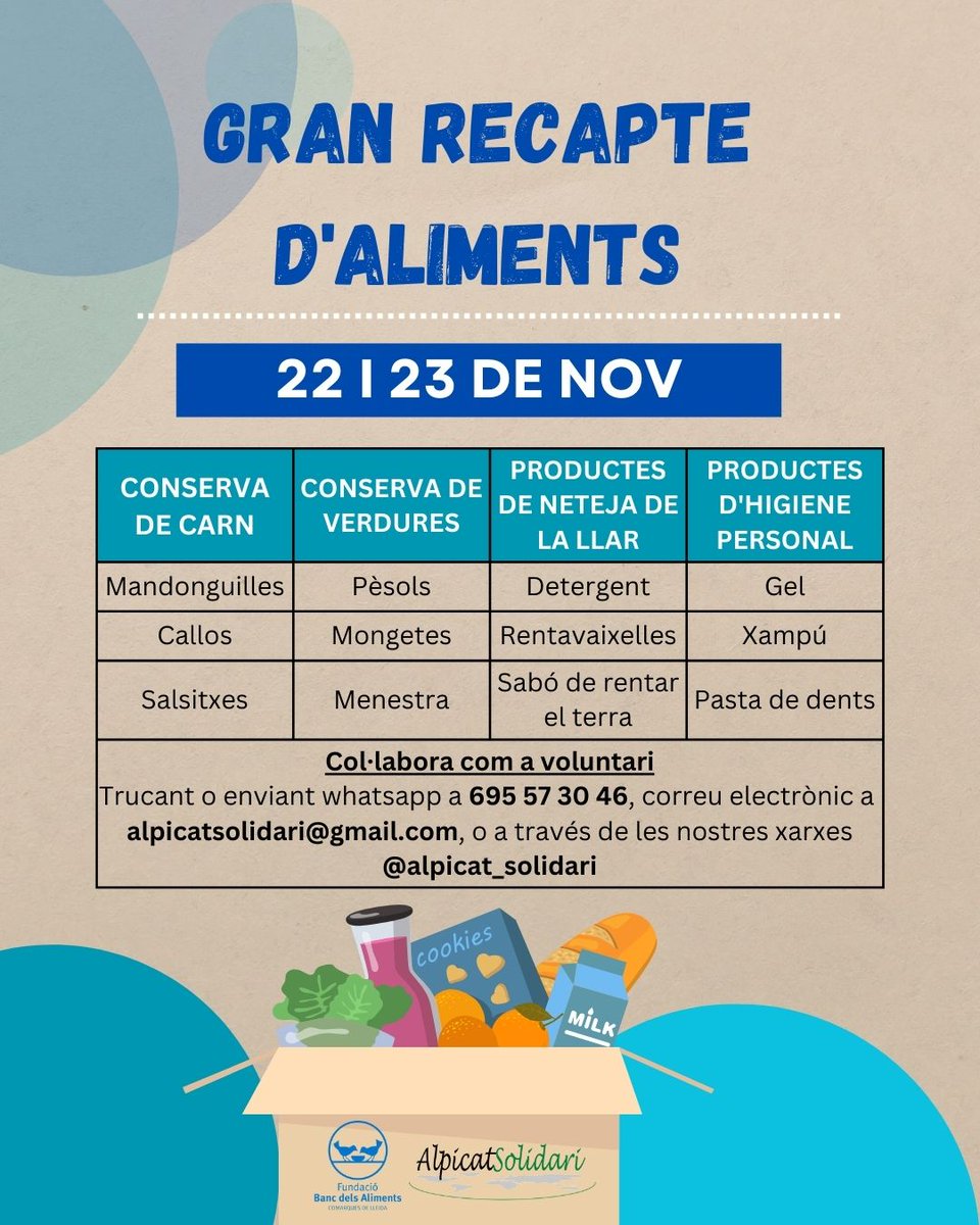 📢 Aquest Gran Recapte de novembre, tens moltes maneres d'implicar-te. Compra d'aliments i productes de primera necessitat.  695 57 30 46, escriu-nos a alpicatsolidari@gmail.com o contacta’ns per xarxes socials. 🤲📲