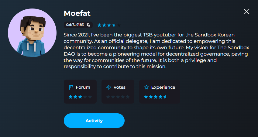 더 샌드박스 DAO의 최초 한국인 위임 대표, <a href="/cryptomentary/">Crypto Moe</a> 님을 소개합니다!🙌

<a href="/TheSandboxDAO/">The Sandbox DAO</a> 에서는 위임(Delegation) 제도를 도입하여, 유권자들이 투표권을 모으고 신뢰할 수 있는 대표자를 통해 목소리를 높일 수 있는 환경을 조성했습니다.

더 샌드박스는 언제나 여러분의 목소리에 귀를