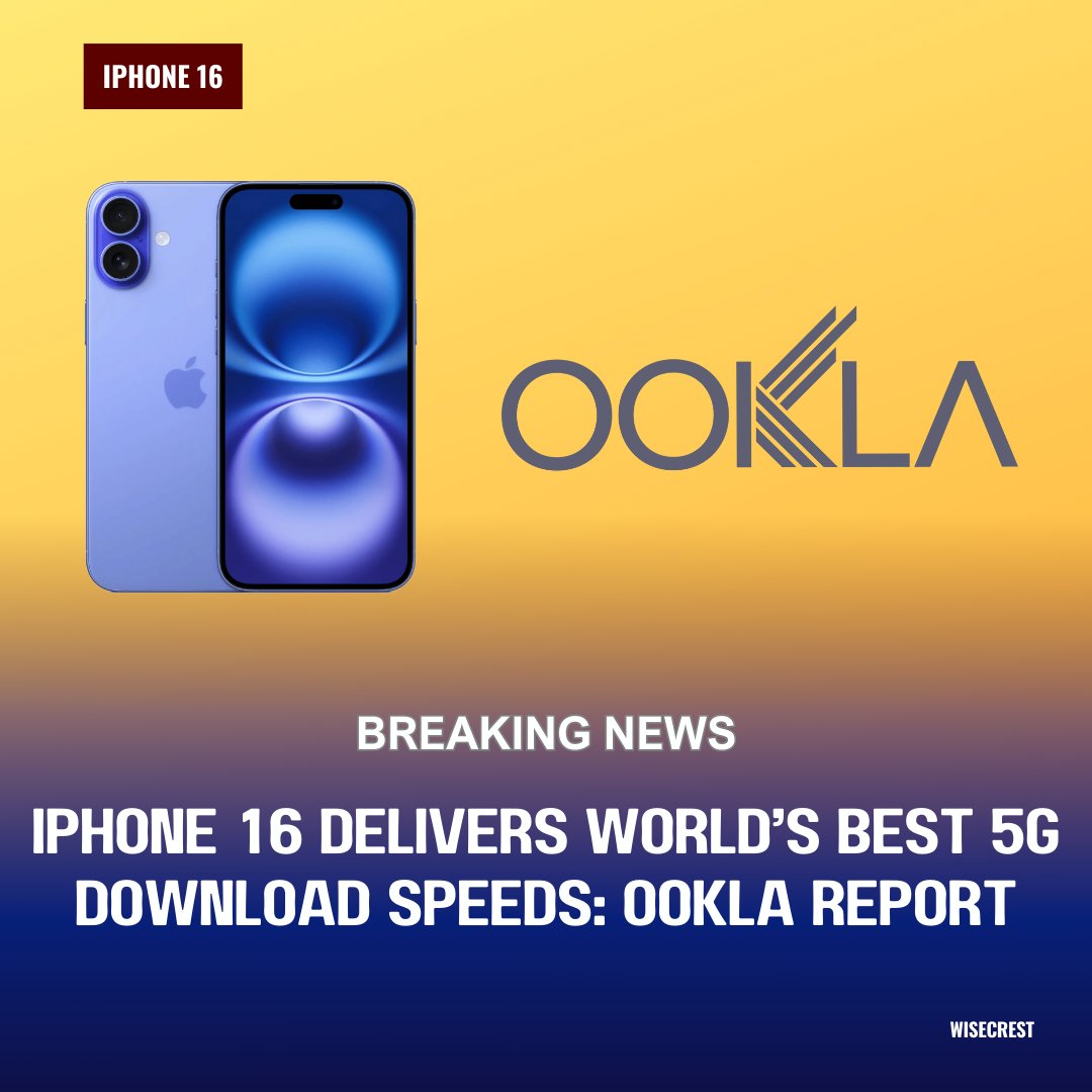 wise_crest's tweet photo. Speed redefined! 🚀 The iPhone 16 tops the charts with the fastest 5G download speeds globally, according to Ookla. Apple sets the standard yet again! 📱🌍 #iPhone16 #5G #TechNews https://t.co/XKCNpv8Zwy