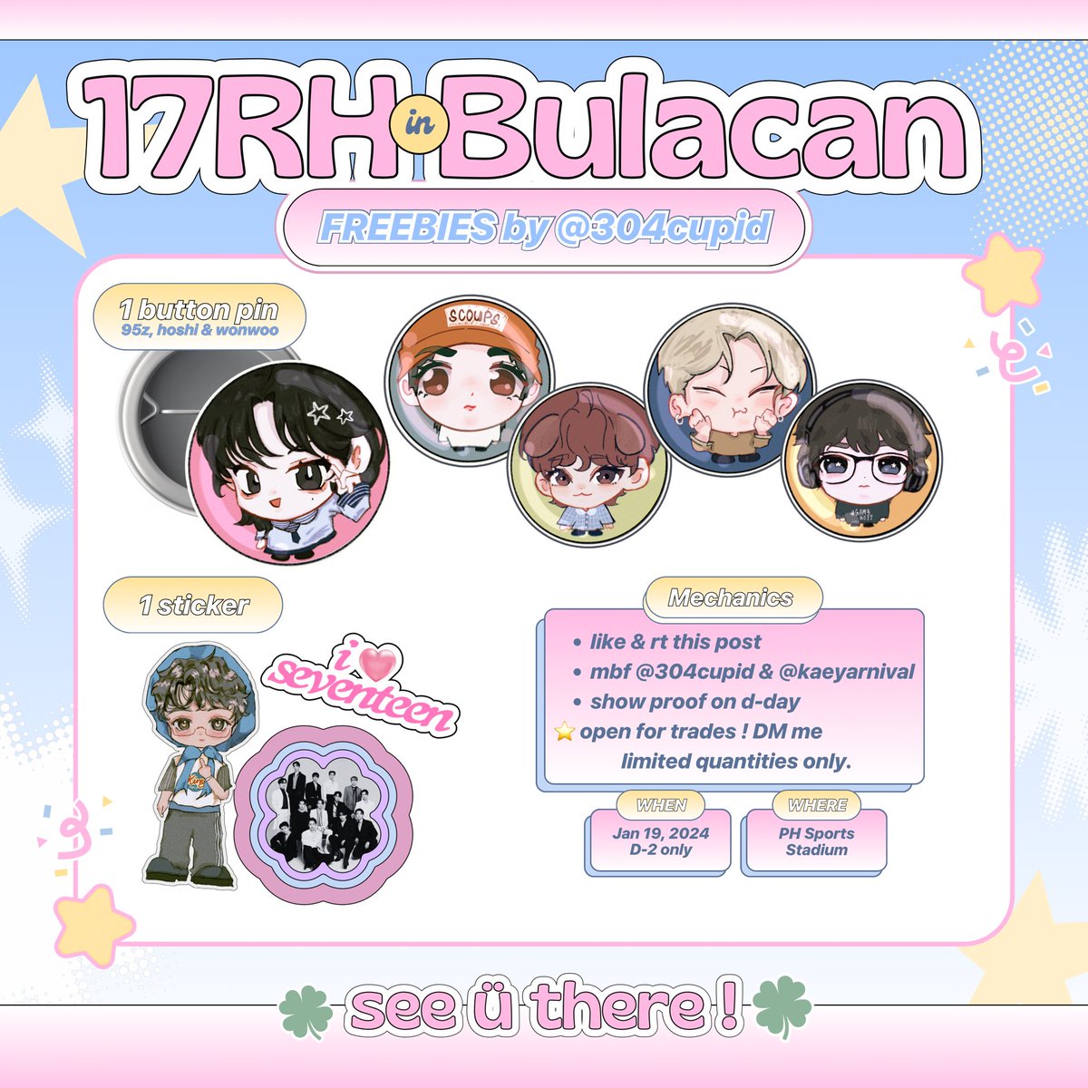 ᯓ★ 17RH IN BULACAN FREEBIES ೀ

svt button pins &amp; stickers by @304cupid 
art by <a href="/kaeyarnival/">kols 💿 comms open</a> ⭐️

📆 jan 19, 2025 (D-2)
୭ mbf, like &amp; rt
୭ open for trades (limited qty)
୭ updates on thread

#SEVENTEEN_RIGHT_HERE #SEVENTEEN_RIGHT_HERE_IN_BULACAN 
#SEVENTEEN