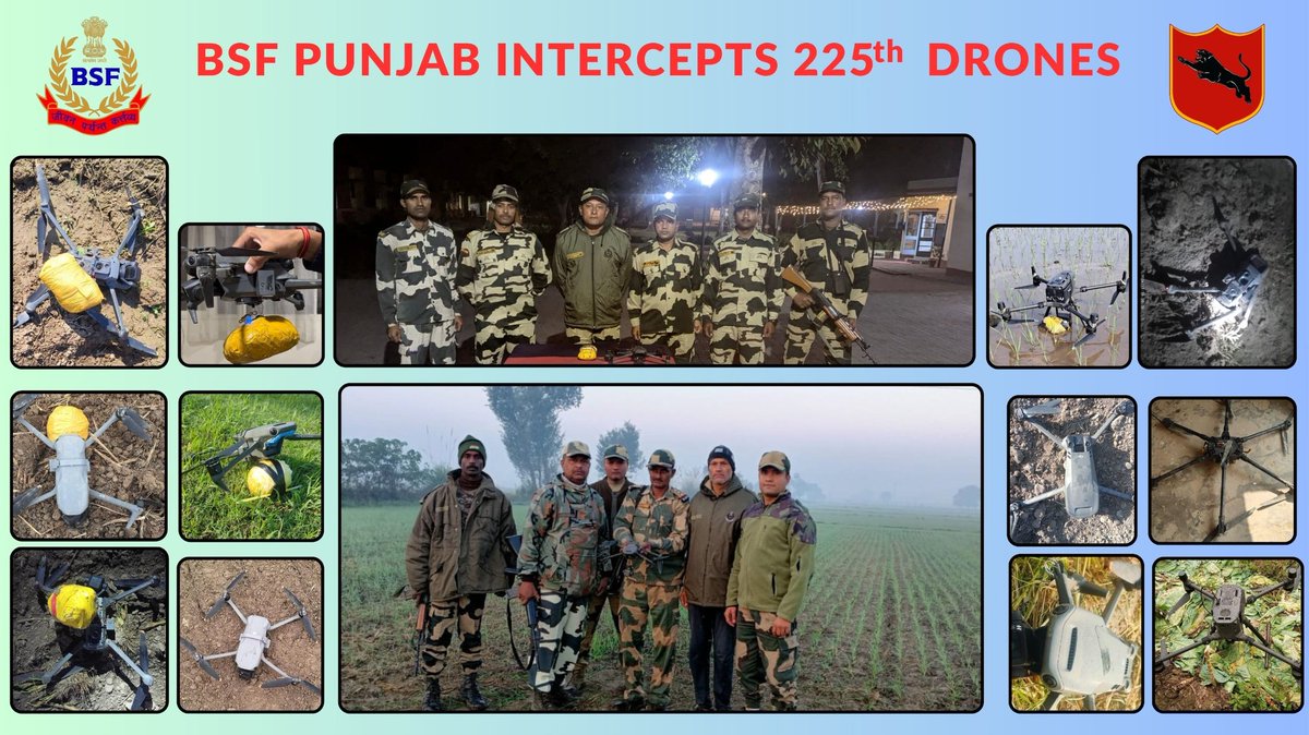 BSF_Punjab's tweet photo. 𝐁𝐒𝐅 𝐏𝐮𝐧𝐣𝐚𝐛 𝐒𝐞𝐭𝐬 𝐍𝐞𝐰 𝐁𝐞𝐧𝐜𝐡𝐦𝐚𝐫𝐤: 𝐈𝐧𝐭𝐞𝐫𝐜𝐞𝐩𝐭𝐬 𝟐𝟐𝟓𝐭𝐡 𝐃𝐫𝐨𝐧𝐞 𝐢𝐧 𝐑𝐞𝐜𝐨𝐫𝐝 𝐓𝐢𝐦𝐞

On 19th Nov' 2024, in a remarkable achievement, @BSF_Punjab intercepted its 𝟐𝟐𝟓𝐭𝐡 𝐝𝐫𝐨𝐧𝐞 along the Punjab border, marking a significant milestone for this year. Notably, the total number of drones intercepted and neutralized to date has now reached 𝟑𝟓𝟒, including 𝟏𝟐𝟗 𝐝𝐫𝐨𝐧𝐞𝐬 neutralized up to 𝟐𝟎𝟐𝟑.

This milestone comes just 10 days after the interception of the 𝟐𝟎𝟎𝐭𝐡 𝐝𝐫𝐨𝐧𝐞 on 9th November 2024, reflecting the #BSF's unparalleled efficiency and technological prowess, even while operating under poor visibility caused by thick fog.

The analysis of technical data from seized drones has resulted in the development of new operational strategies and the implementation of enhanced security measures along the Punjab border. These advancements have enabled the precise and successful interception of 𝟐𝟓 𝐝𝐫𝐨𝐧𝐞𝐬 𝐰𝐢𝐭𝐡𝐢𝐧 𝐣𝐮𝐬𝐭 𝟏𝟎 𝐝𝐚𝐲𝐬.

This 𝐦𝐢𝐥𝐞𝐬𝐭𝐨𝐧𝐞 underscores  commitment of @BSF_Punjab and adaptability in addressing evolving security challenges. It sets a new benchmark in border surveillance and counter-drone operations, even under adverse weather conditions.

#AlertBSF  
#BSFAgainstDrugs  
#BSFSlayingDrones

@BSF_India @HMOIndia @PMOIndia @DGPPunjabPolice 
@PunjabPoliceInd @PIBHomeAffairs @ANI @narcoticsbureau @MIB_India @FinMinIndia @timesofindia @the_hindu 
@IndianExpress @punjabkesari