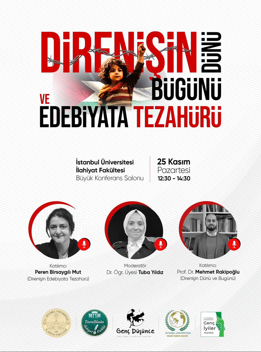 1948'den bu yana devam eden şanlı direnişi anmak ve anlamak için; *Direnişin Dünü Bugünü ve Edebiyata Tezahürü* isimli panelimize hepiniz davetlisiniz.

📅 25 Kasım Pazartesi
🕧 12.30
📌 İÜ İlahiyat Fakültesi Büyük Konferans Salonu