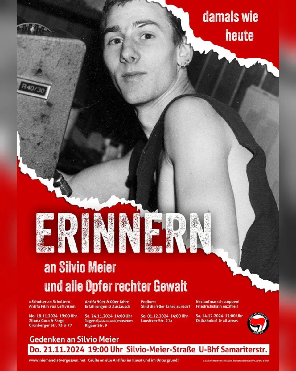BerlinDemo's tweet photo. 💥Announcement! Thursday 21.11.2024💥
🕯 Remembering Silvio Meier and all victims of right-wing violence 🕯
Thursday, 21.11.2024 | 07:00 pm | Silvio-Meier-Straße 10247 Berlin
Arrival: U5 Samariterstraße
📣Call: https://t.co/SQrWCB7tm6
#b2111 #NoForgetting! https://t.co/MXhsq483as