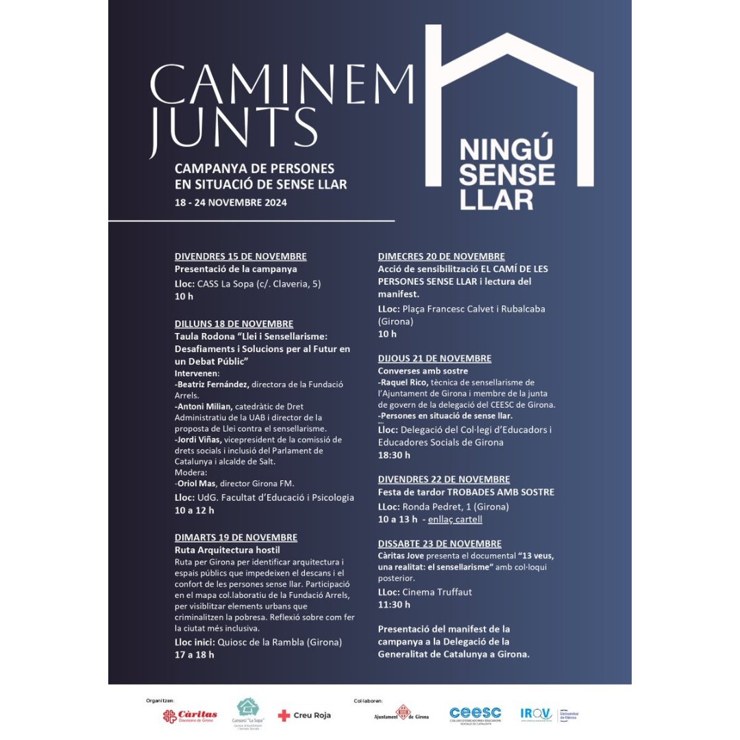 SENSE LLAR | 📢 Continuem amb les activitats de la setmana “Ningú Sense Llar”. Et convidem a la “Ruta Arquitectura hostil”🏙️, descobreix amb nosaltres espais que exclouen i reflexionem sobre com fer una ciutat més humana i inclusiva

📅 Avui, 17 h
📍 Quiosc de la Rambla de Girona