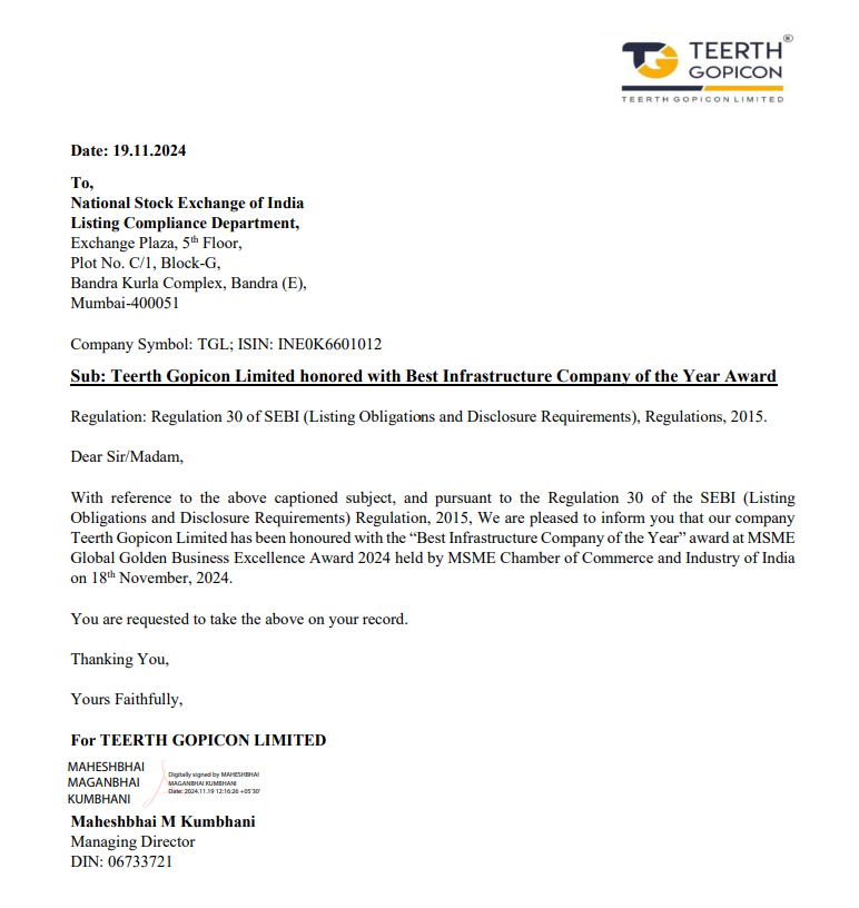 investor_techno's tweet image. TGL
Teerth Gopicon Limited honored with Best Infrastructure Company of the Year Award 2024

#TGL    #teerth