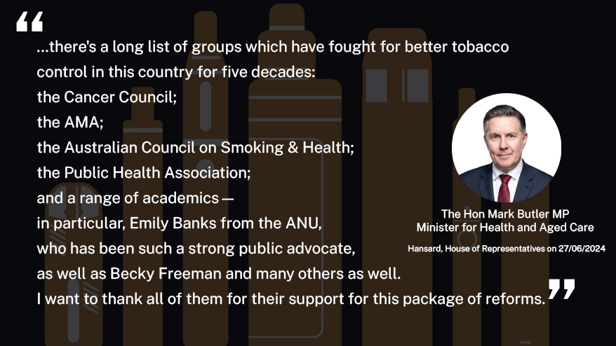 The review in <a href="/theMJA/">MJA</a> by Prof Emily Banks' team on vaping health effects continues to drive change. This top-cited paper—now with 20k+ views—helped lay the groundwork for Australia's vaping reforms alongside other key studies. Read more: bit.ly/ecreview23