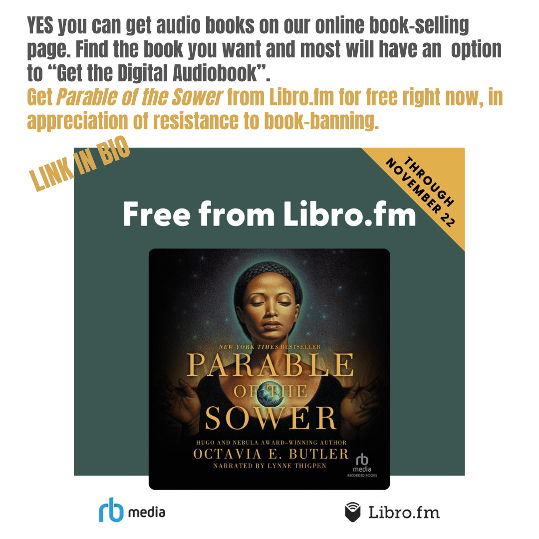 RevBooksNYC's tweet image. Free thru 11/22 from Libro.fm: audiobook of #ParableOfTheSower by #OctaviaButler.
LINK IN BIO to redeem.