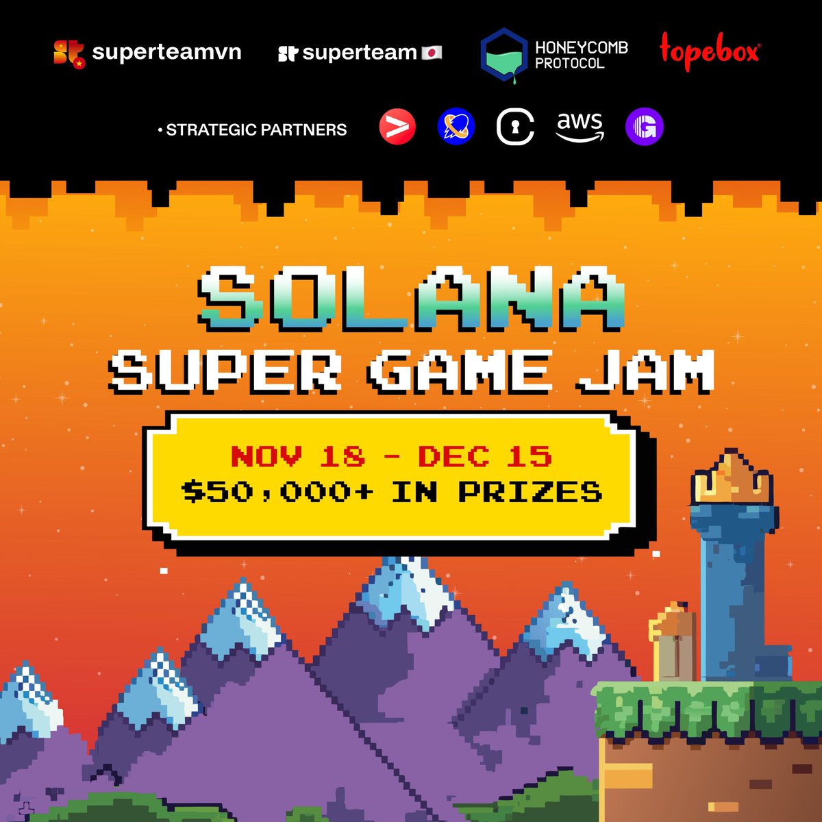 gm Solana devs, the Solana Super Game Jam has officially kicked off!

- Compete for $50k in prizes 
- Level up your game with workshops and iterative development 
- Nov. 18th to Dec. 15th

More info and sign up below 👇