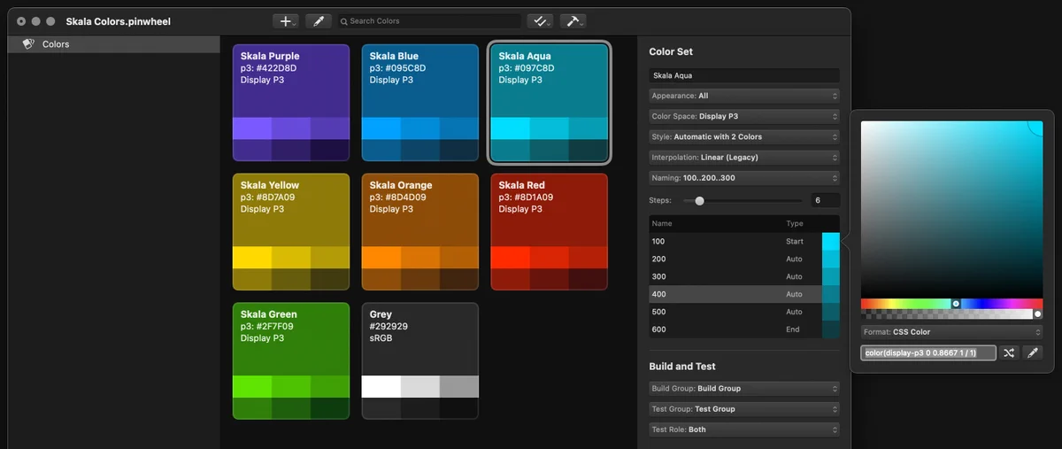 A screenshot of Pinwheel, a new Mac app by Bjango. The screenshot shows a Pinwheel document, full of bright gradients and the user interface to generate the gradients.