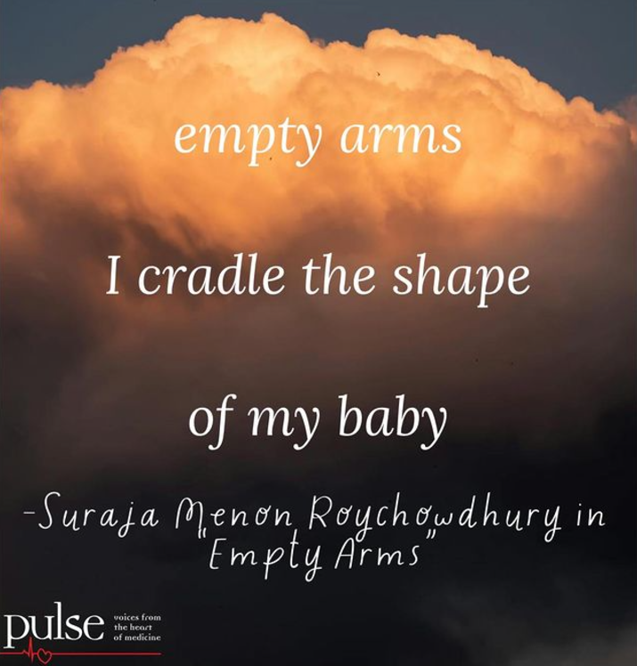 Suraja Roychowdhury tells her story in the haiku “Empty Arms.” Follow if you’re interested in medicine, writing, and the personal side of medicine ✍️❤️🏥.

pulsevoices.org/haiku/empty-ar…

#medicalstudents #stories #narrativehealth #narrativemedicine #physician #storiesmatter