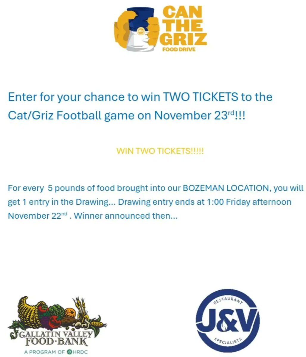 LairdPat's tweet photo. Great way to help the community and have a chance to go to the game! We even have a freezer running for turkeys. No purchase necessary to win!
#canthegriz #gocatsgo https://t.co/UNUbARcGwt