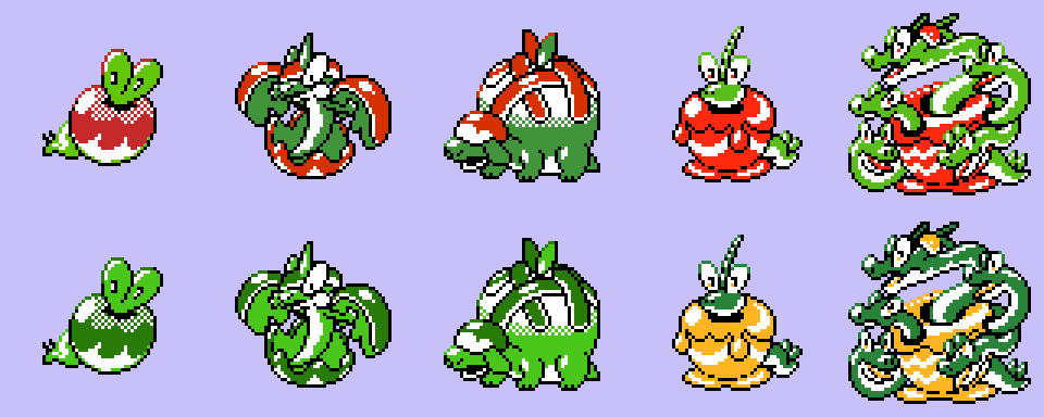 SageDeoxys's tweet photo. Applin, Flapple, Appletun, Dipplin, and Hydrapple in GBC's style! All of them are in my Dropbox now. https://t.co/cuQpaJF6qS