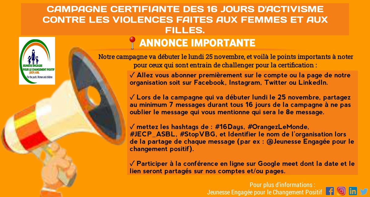 JECP_asbl10962's tweet photo. 📍📌 #ANNONCEIMPORTANTE

#16DaysOfActivism  
#16Days, 
#JECP_ASBL
#StopVBG
#OrangezLeMonde

Abonnez-vous sur 👇👇
              @JECP_asbl10962 https://t.co/ZTmk0RQqae