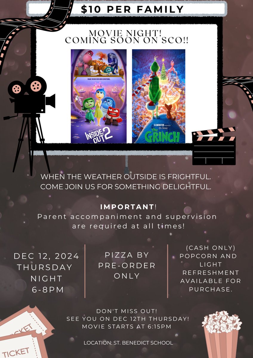 St. Benedict Parent Council (@stbenedict_pc) on Twitter photo Movie Night at Benedict School! 🎬
Join us on Dec 12, 2024, at 6:30 PM for a family-friendly movie night. Tickets: $10 pre-order pizza, cash-only popcorn & refreshments! All proceeds support our kids school activities. Parent supervision required. <a href="/StBenedictOCSB/">St. Benedict School</a> Movie Night at Benedict School! 🎬
Join us on Dec 12, 2024, at 6:30 PM for a family-friendly movie night. Tickets: $10 pre-order pizza, cash-only popcorn & refreshments! All proceeds support our kids school activities. Parent supervision required. <a href="/StBenedictOCSB/">St. Benedict School</a>