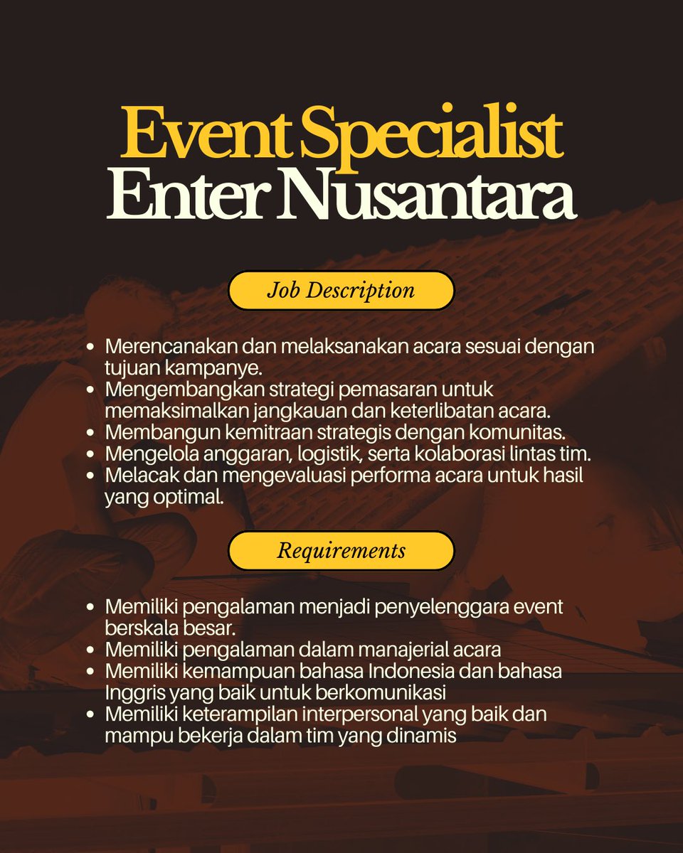 enter_nusantara's tweet image. ✨ WE&apos;RE HIRING! [EXTENDED]✨

ENTER Nusantara lagi cari Event Specialist buat bantu wujudkan kampanye transisi energi bareng komunitas Muslim. 🙌🏻✨

Apply now! bit.ly/OPREC-EventSpe…

#EnterNusantara #EventSpecialist #OpenHiring
