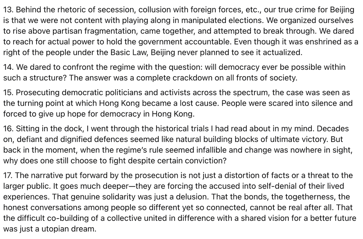 "...our true crime for Beijing is that we were not content with playing along in manipulated elections...We dared to reach for actual power to hold the government accountable." 

Long post from former Hong Kong journo and activist Gwyneth Ho. Sentenced today to 7 years in jail: