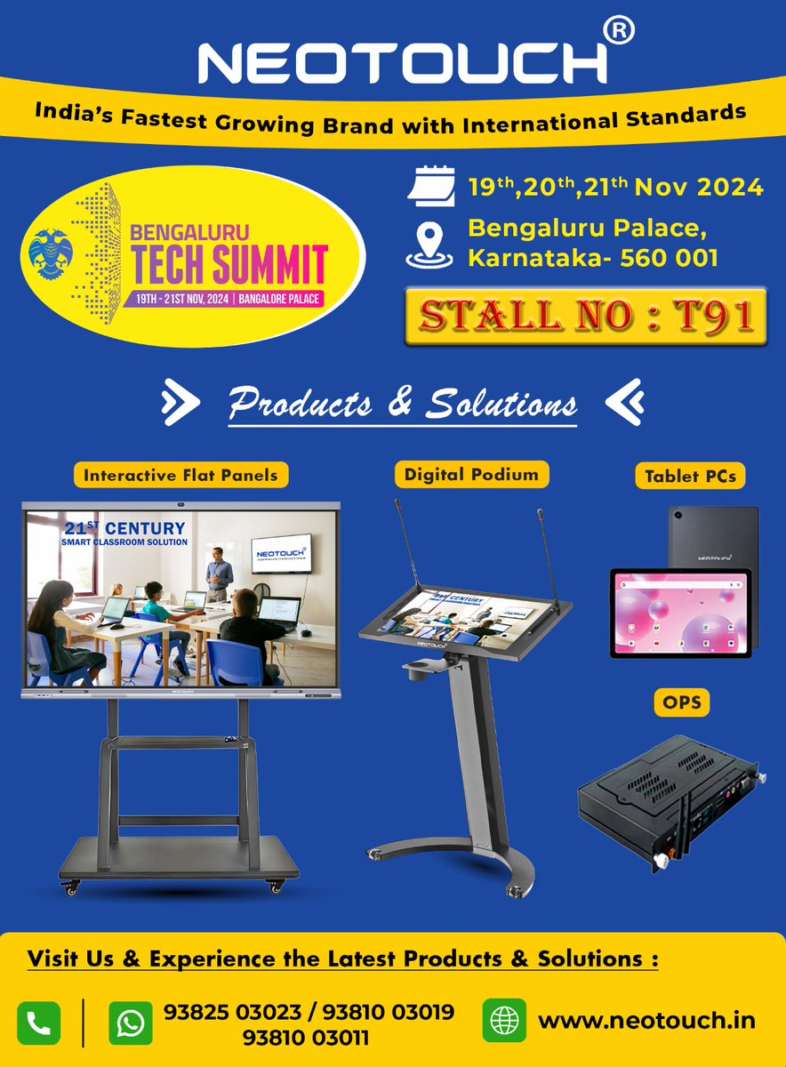 Neotouch2024's tweet image. Neotouch team is delighted to cordially invite you to stall no: T91 at [BENGALURU TECH SUMMIT]

📆 Date: 19 ,20 &amp;amp; 21 NOVEMBER 2024

📍 Location: Bengaluru palace , karnataka -560001

#neotouch
#interactiveflatpanel
#interactiveflatpaneldisplay
#smartclassroom
#digitalpodium