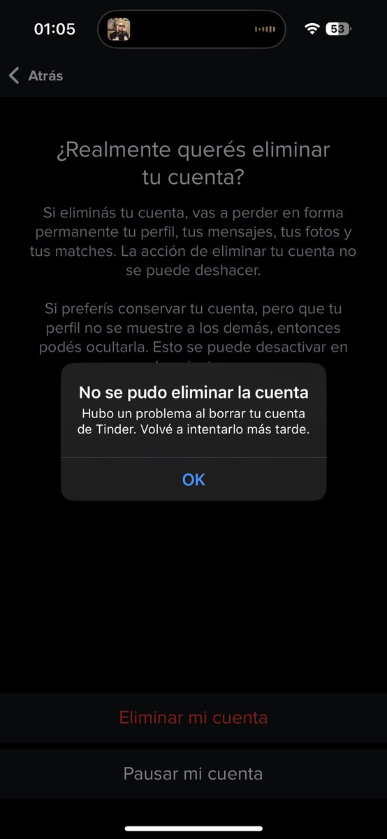 Nico77pal's tweet photo. @Tinder hace 1 mes que trato de eliminar la cuenta … https://t.co/TJQ59FsSVU