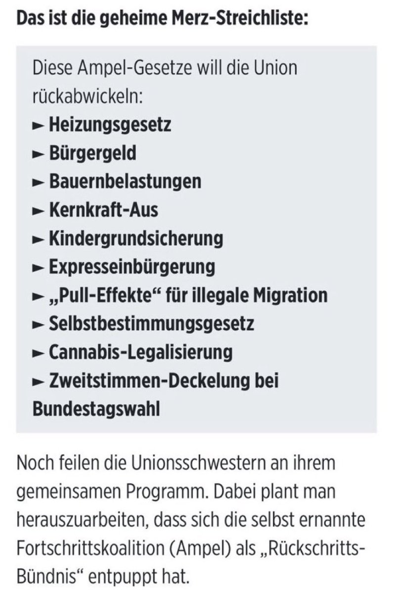 Außer der Sache mit dem Cannabis, dem Staatsbürgerrecht und dem Selbdtbestimmungsrecht ist nichts dabei, das in der Macht von Merz läge - oder teilt #Merz hier offiziell mit, dass er mit der #AfD koalieren wird? 

Gehen wir es durch:

„#Heizungsgesetz“= GEG ist gleich die