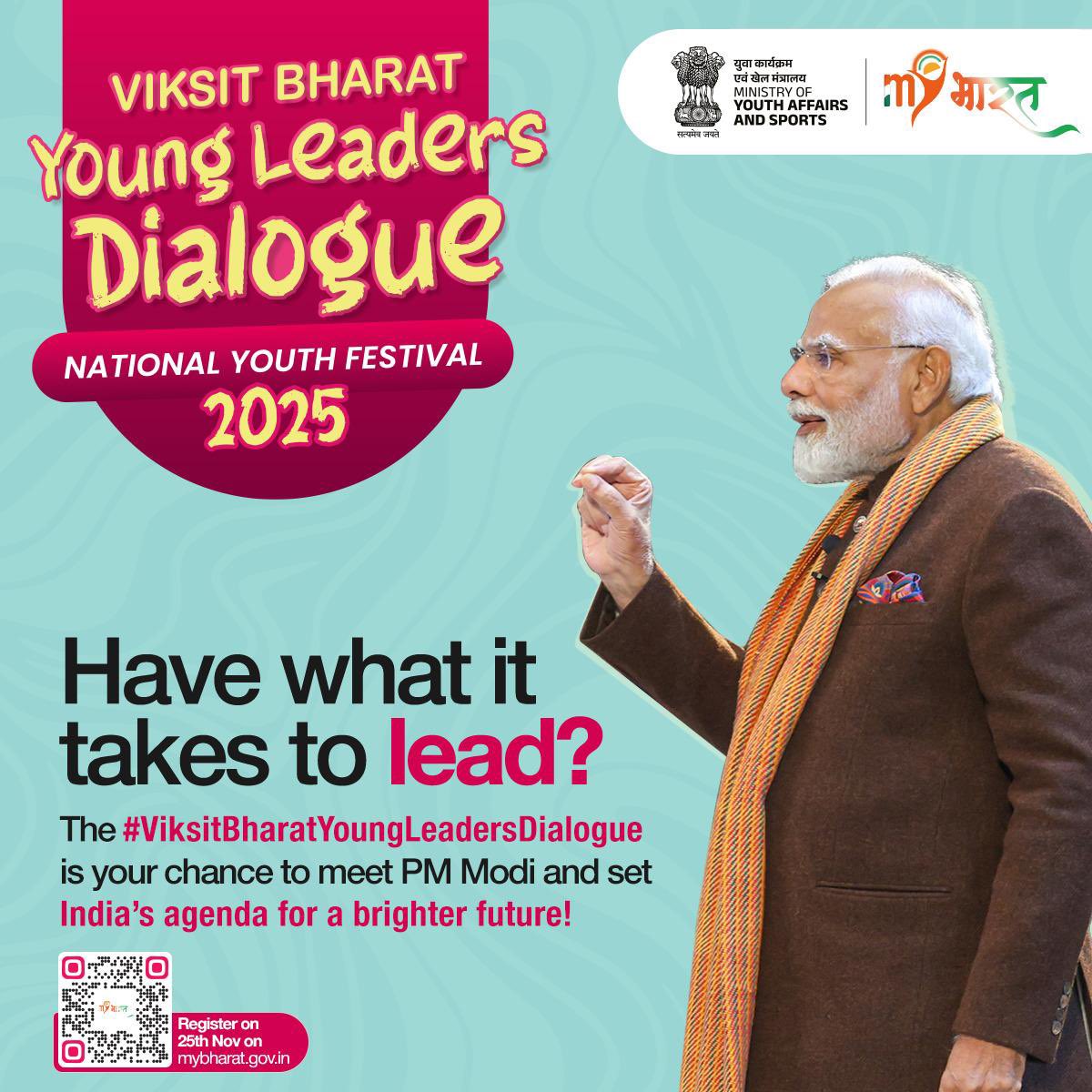 MYBharatHQ's tweet photo. Golden opportunity for young leaders!
Participate inthe"#ViksitBharatYoungLeadersDialogue,” win challenges, and get a chance to meet PM Shri @narendramodi ji to share your vision for a Viksit Bharat. Register at MY Bharat Portal. https://t.co/d6VPVPJavP