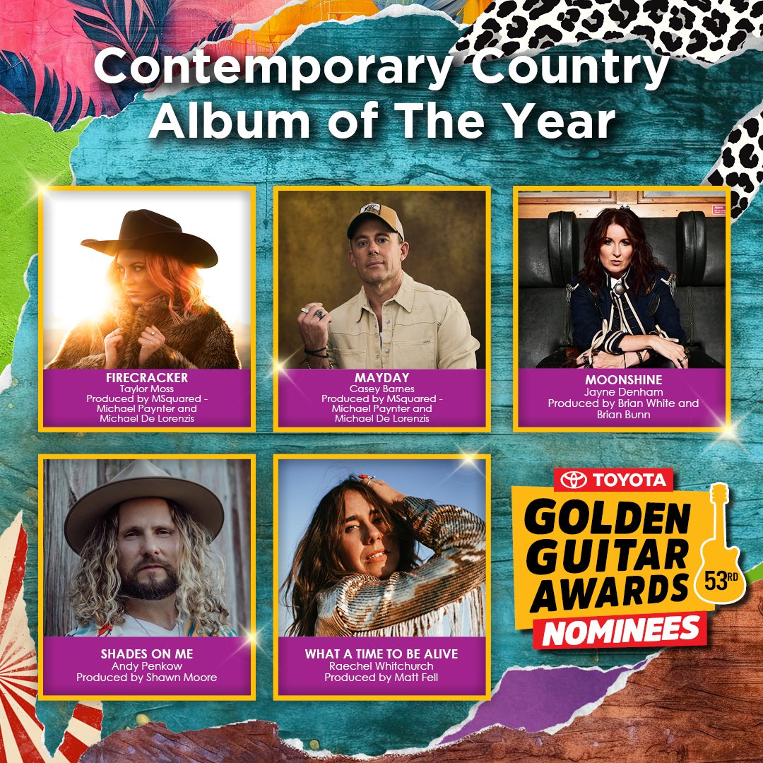 Tamworth Country Music Festival (@tcmf_official) on Twitter photo 1/2 Nominees for Contemporary Country Album of the Year at the #GoldenGuitars are:
Firecracker - <a href="/taylormossmusic/">Taylor Moss</a> - Produced by MSquared, Michael Paynter and Michael De Lorenzis
Mayday - @casey_barnes_music - Produced by MSquared, Michael Paynter and Michael De Lorenzis 1/2 Nominees for Contemporary Country Album of the Year at the #GoldenGuitars are:
Firecracker - <a href="/taylormossmusic/">Taylor Moss</a> - Produced by MSquared, Michael Paynter and Michael De Lorenzis
Mayday - @casey_barnes_music - Produced by MSquared, Michael Paynter and Michael De Lorenzis