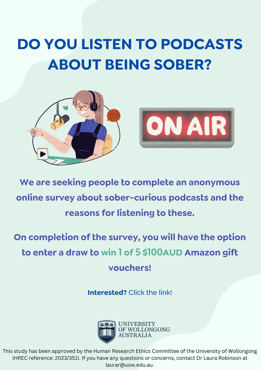 We are seeking people to complete an anonymous online survey about sober-curious podcasts and the reasons for listening to these.

If you are interested in participating, or you would like more information, click the link below!

uow.au1.qualtrics.com/jfe/form/SV_0T…