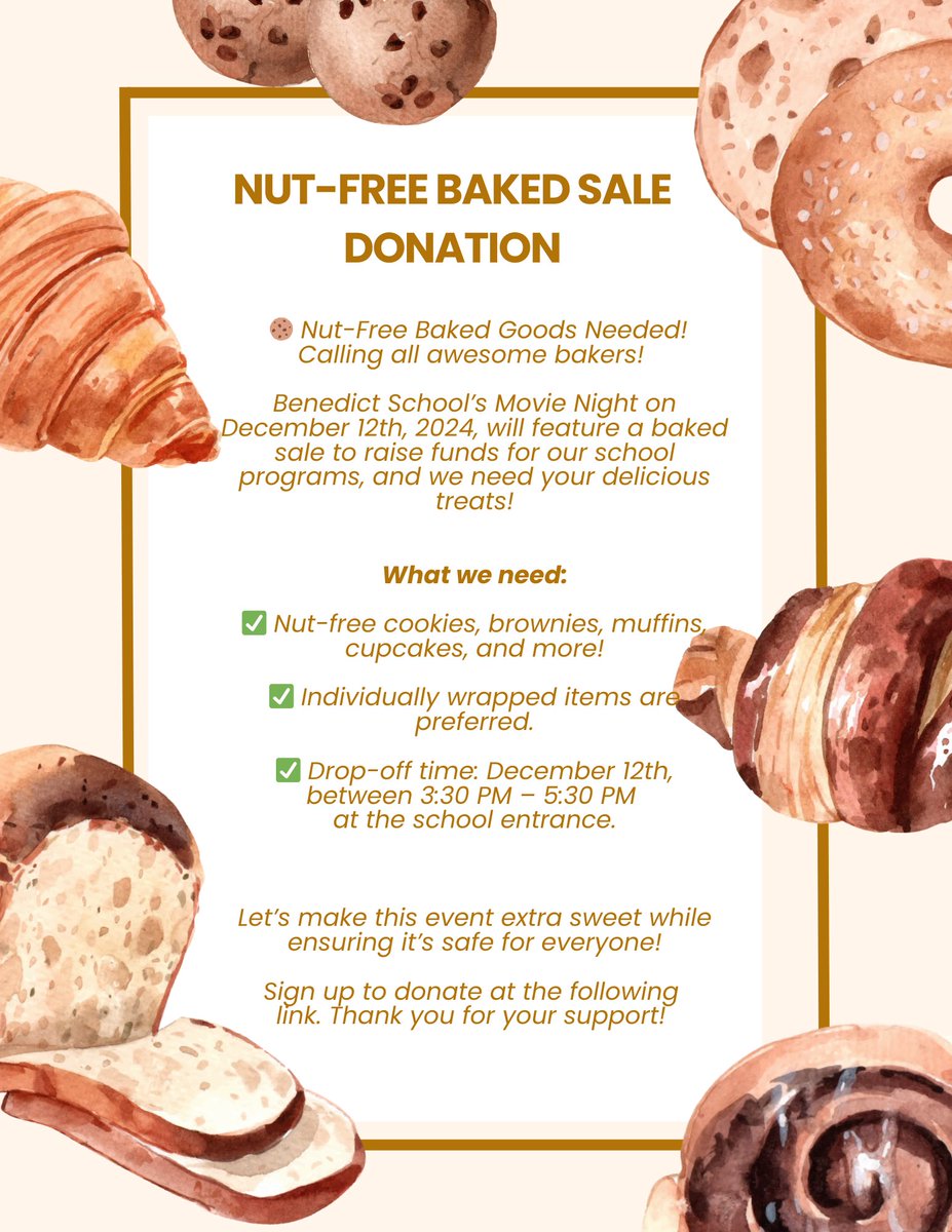 St. Benedict Parent Council (@stbenedict_pc) on Twitter photo 🍪 Calling All Awesome Bakers!
Donate your legendary nut-free treats for our Movie Night Bake Sale on Dec 12, 2024! Drop off by 3:30–5:30 PM. Show off your baking skills & support our kids’ school activities!
Sign up here: docs.google.com/forms/d/e/1FAI…
<a href="/StBenedictOCSB/">St. Benedict School</a> 🍪 Calling All Awesome Bakers!
Donate your legendary nut-free treats for our Movie Night Bake Sale on Dec 12, 2024! Drop off by 3:30–5:30 PM. Show off your baking skills & support our kids’ school activities!
Sign up here: docs.google.com/forms/d/e/1FAI…
<a href="/StBenedictOCSB/">St. Benedict School</a>