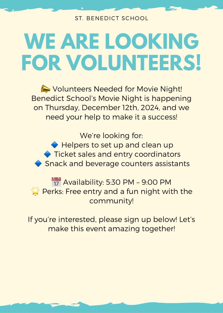 St. Benedict Parent Council (@stbenedict_pc) on Twitter photo Volunteers Needed! We need helping hands for Benedict School’s Movie Night on Dec 12, 2024! Help with setup, tickets, or refreshments (cash only). Let’s make this event a success for our kids! Sign up at signup.com/go/KefZRqd <a href="/StBenedictOCSB/">St. Benedict School</a> Volunteers Needed! We need helping hands for Benedict School’s Movie Night on Dec 12, 2024! Help with setup, tickets, or refreshments (cash only). Let’s make this event a success for our kids! Sign up at signup.com/go/KefZRqd <a href="/StBenedictOCSB/">St. Benedict School</a>