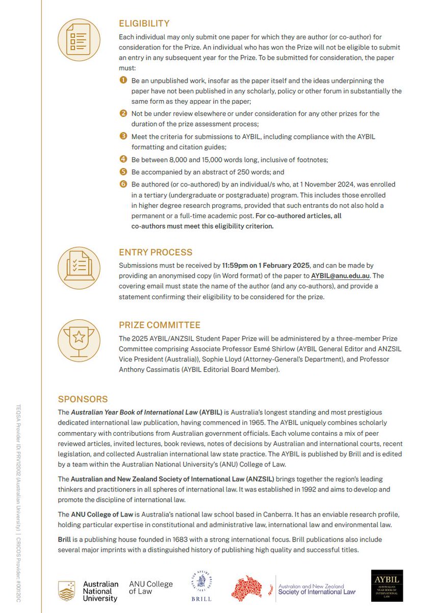 Attention Law Students!

Are you passionate about international law? We’re thrilled to announce that the <a href="/AYBIL/">Nurul Ashikin</a> and <a href="/ANZSIL/">ANZSIL</a>  Student Paper Prize is current accepting papers! This is your chance to showcase your research and win an exciting prize!