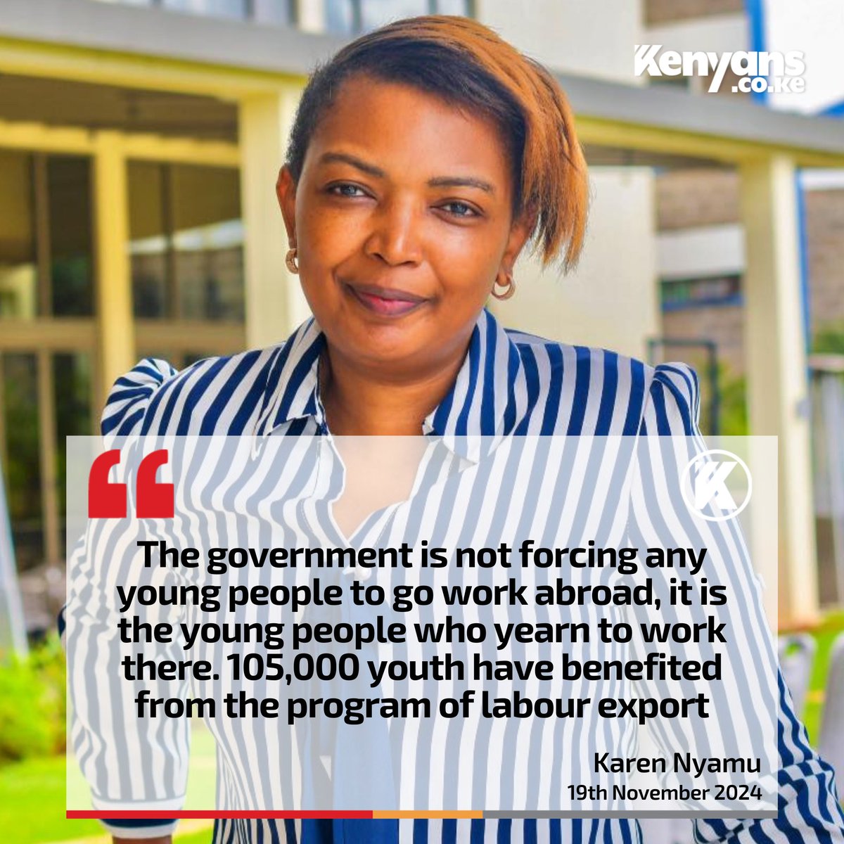 Kenyans's tweet photo. The government is not forcing any young people to go work abroad, it is the young people who yearn to work there - Senator Karen Nyamu https://t.co/Sa9KDngFD9