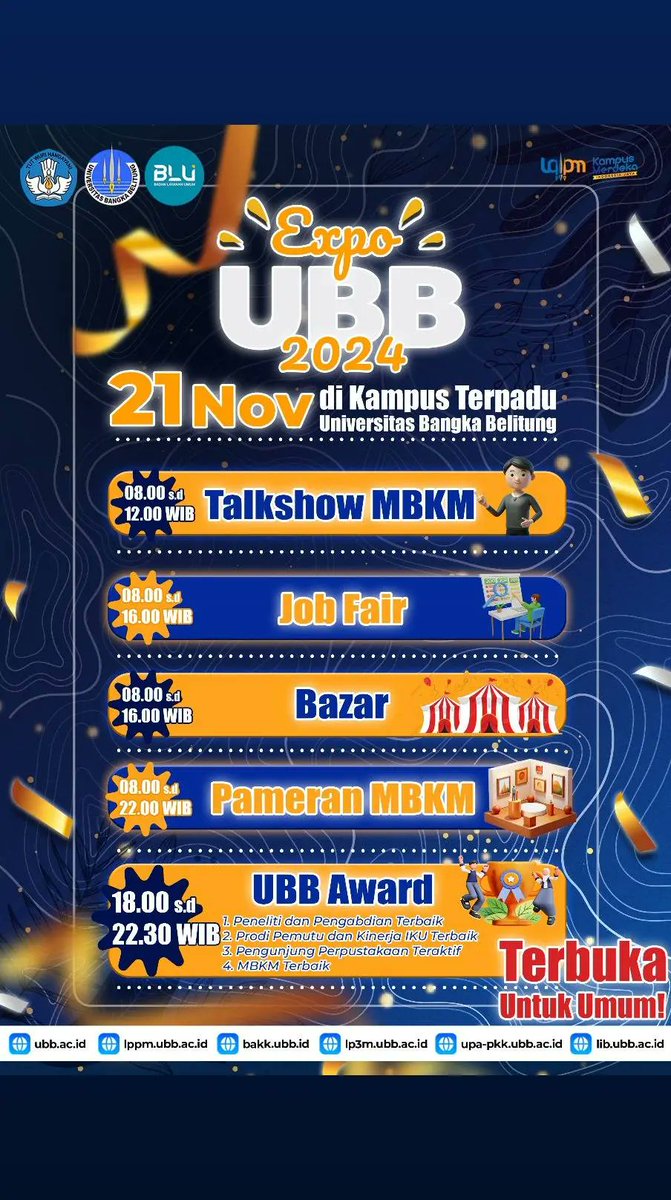 lppmubb's tweet image. Info LPPM.. 

Yuuukk ramaikan Acara EXPO UBB 2024 pada tanggal 21 November 2024 di Kampus Terpadu Universitas Bangka Belitung..

Ingattt ada Bazar nya jugaa nih, pasti seru kan. 

#ubb #lppm @ubbofficial_