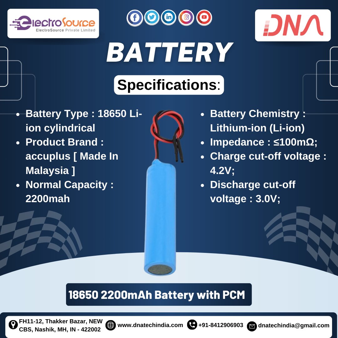 Battery

18650 2200mAh Battery with PCM

#battery #pcm #type #ion #cylindrical #product #brand #accuplus #malaysia #capacity #battery #chemistry #lithium #ion #charge #discharge #cutoff #voltage #electronic #nashikcity