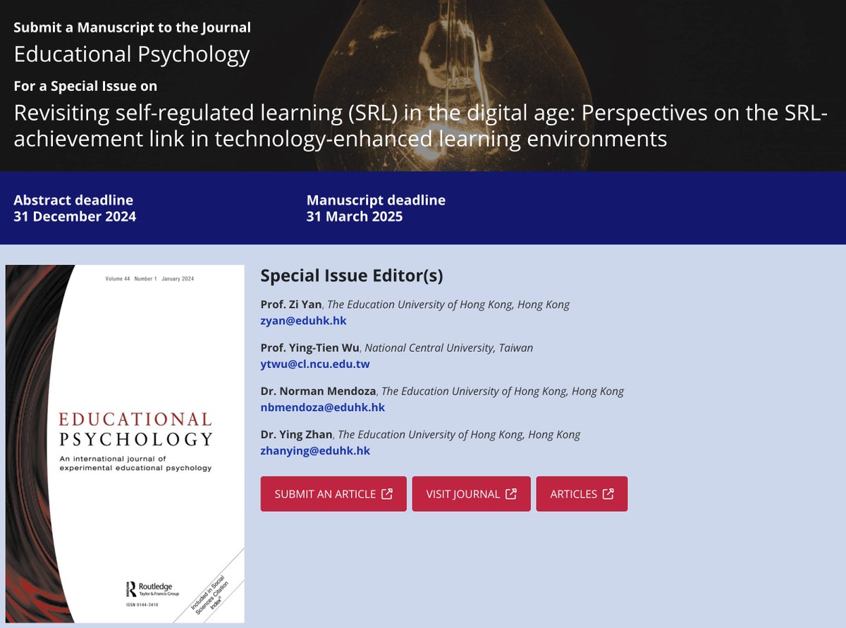 Norman Mendoza (@normscode) on Twitter photo Inviting submissions for our Special Issue on SRL in the digital age. Please do share and repost this with friends and colleagues! We welcome submissions from all educational levels. Abstracts are due by Dec 31! Feel free to email me the abstracts, too!
think.taylorandfrancis.com/special_issues⦠Inviting submissions for our Special Issue on SRL in the digital age. Please do share and repost this with friends and colleagues! We welcome submissions from all educational levels. Abstracts are due by Dec 31! Feel free to email me the abstracts, too!
think.taylorandfrancis.com/special_issuesā¦