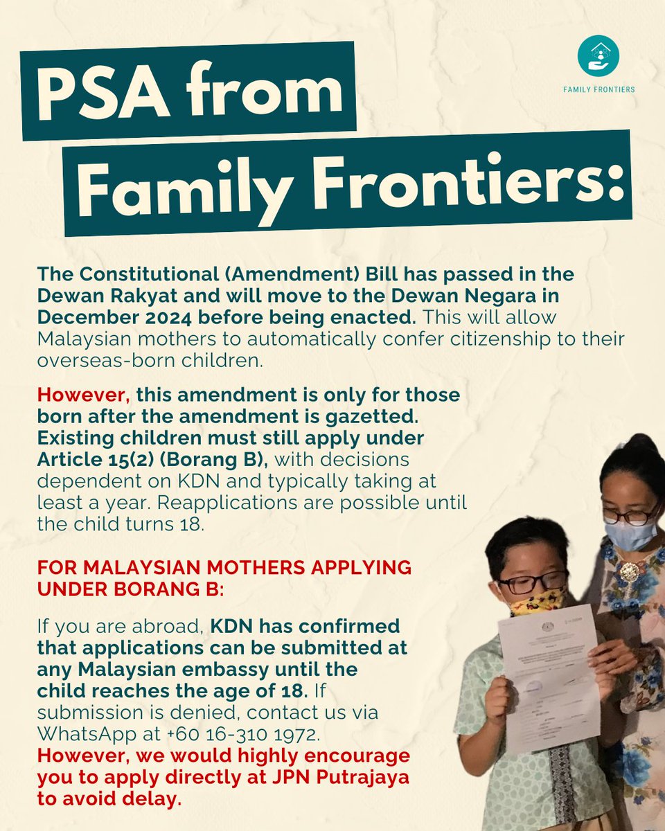 FamilyFrontiers's tweet photo. PSA to mothers who have given birth prior to #PindaPerkara14UntukIbu: 

Overseas-born children born BEFORE THE AMENDMENT IS ENFORCED must still apply for citizenship under Article 15(2). https://t.co/0egscfNqp1