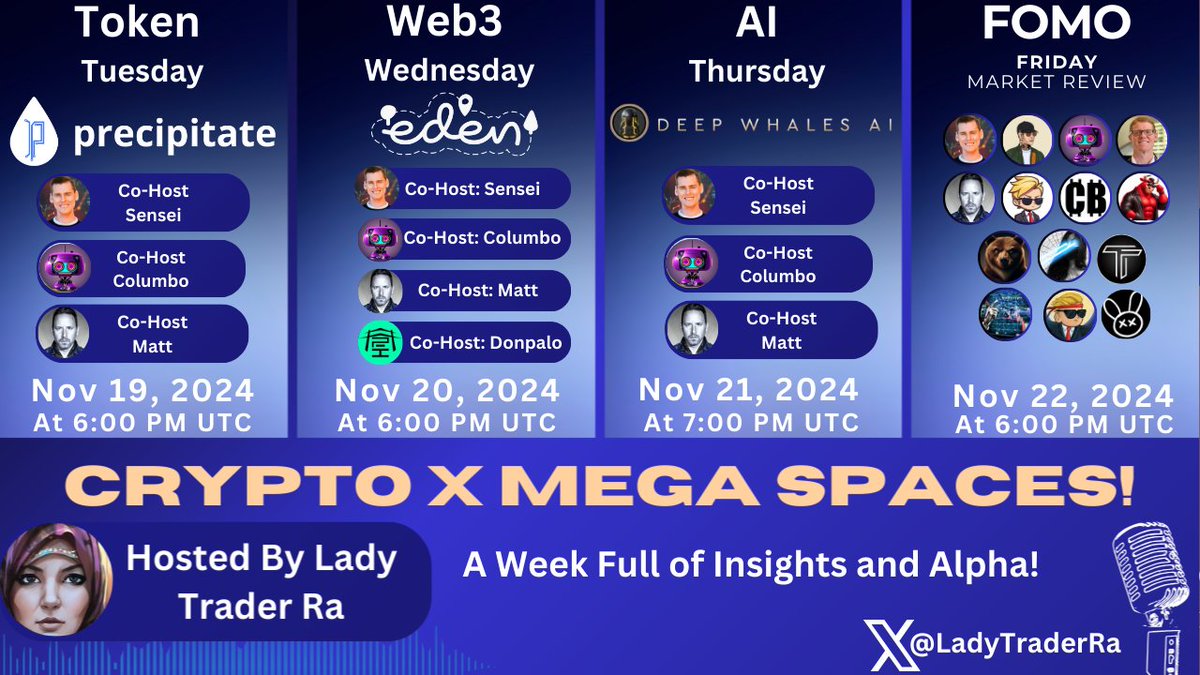 LadyTraderRa's tweet photo. 🚨Crypto X Spaces Schedule!🚨

Join me and my awesome co-hosts this week for project interviews, insights, and alpha! 

Spaces Links in the comments, Don't forget to set those reminders! 👇👇