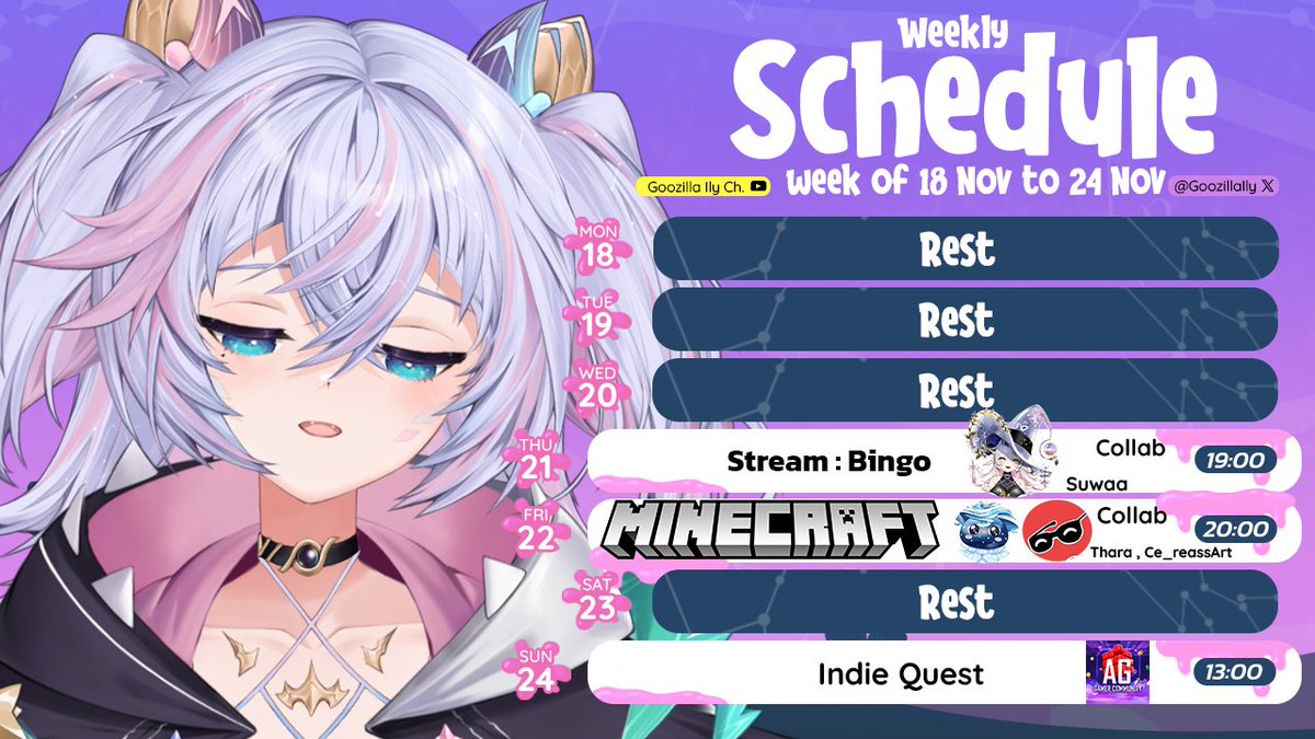 ˚✧ Weekly Schedule ✧˚
youtube.com/@GoozillaIly

🔱Share your art with Ily at #gooziart !🔱

#Vtuber #VtuberEN