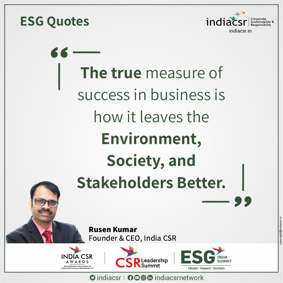 INDIACSR's tweet photo. ESG Quotes | https://t.co/UieNjA4R5g
"The true measure of success in business is how it leaves the environment, society, and stakeholders better."
- Rusen Kumar, Founder & CEO, India CSR
#ESGQuotes #CSRQuotes #IndiaCSR #India https://t.co/KejBdAenUE