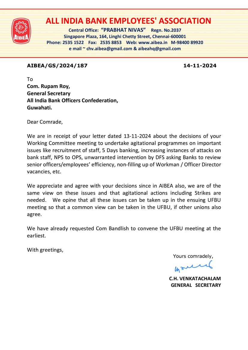 All India Bank Officers' Confederation (AIBOC) (@aiboc_in) on Twitter photo We thank #AIBEA for their solidarity and support on key issues such as recruitment, 5-day week in banking, and safeguarding bank employees. United, we stand stronger in the struggle for our fraternity.
<a href="/ChVenkatachalam/">CH VENKATACHALAM</a>
#UnityInStrength We thank #AIBEA for their solidarity and support on key issues such as recruitment, 5-day week in banking, and safeguarding bank employees. United, we stand stronger in the struggle for our fraternity.
<a href="/ChVenkatachalam/">CH VENKATACHALAM</a>
#UnityInStrength