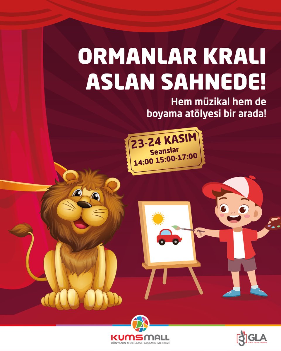 Kumsmall AVM’de eğlence dolu bir hafta sonu sizleri bekliyor! 🦁 Ormanlar Kralı Aslan Sahneye Çıkıyor! Hem müzikal hem de eğlenceli boyama atölyesi bir arada!
 🌟 Tarih: 23-24 Kasım
 ⏰ Seanslar: 14:00 - 15:00 - 17:00 
#KumsmallAVM #AslanSahnede #EğlenceAtölyesi #BoyamaEtkinliği
