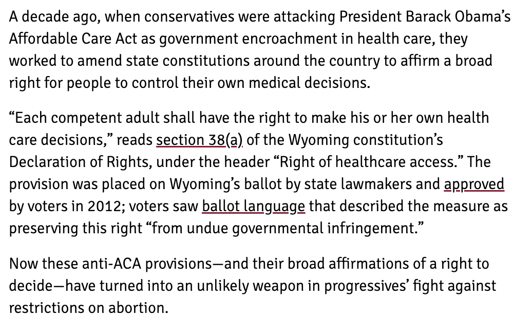 Taniel's tweet image. A Wyoming judge just struck down WY's abortion bans.

Get this: Judge invoked a constitutional amendment codifying a right to make health care decisions... that was passed in 2012 by conservatives who thought it'd screw Obamacare! Just backfired.

Context: boltsmag.org/abortion-acces…