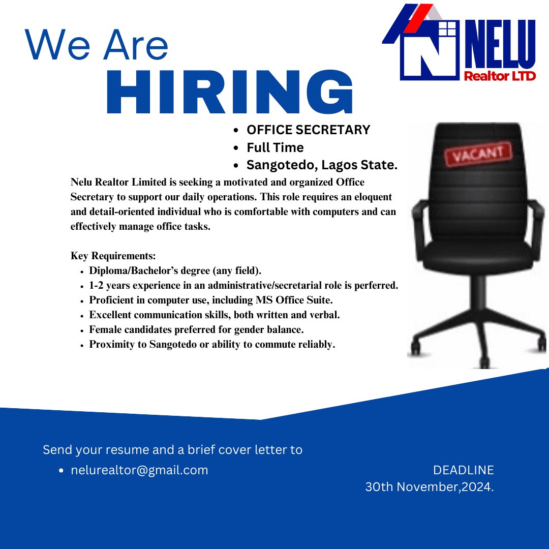 NeluRealtor's tweet photo. Benefits:
Competitive salary.
Opportunity for professional growth within the company.
Supportive and dynamic work environment.

#nelurealtor #hiring #jobsearch #jobsinlagos https://t.co/G4cU5NYvOZ