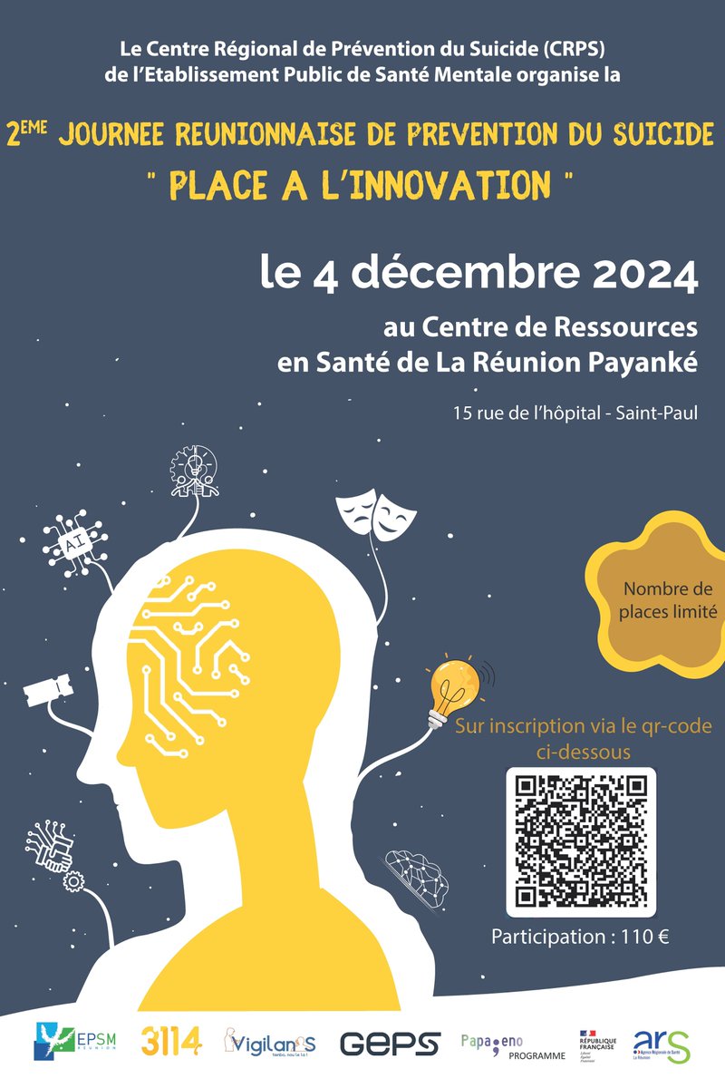 Le Centre Régional de Prévention du Suicide de l'EPSMR organise la 2ème journée réunionnaise de prévention du suicide.
📅Mercredi 4 décembre
📌Centre de Ressources en Santé Payanké (St Paul)
Programme : epsmr.org/media/uploads/…
Inscriptions : forms.office.com/Pages/Response…