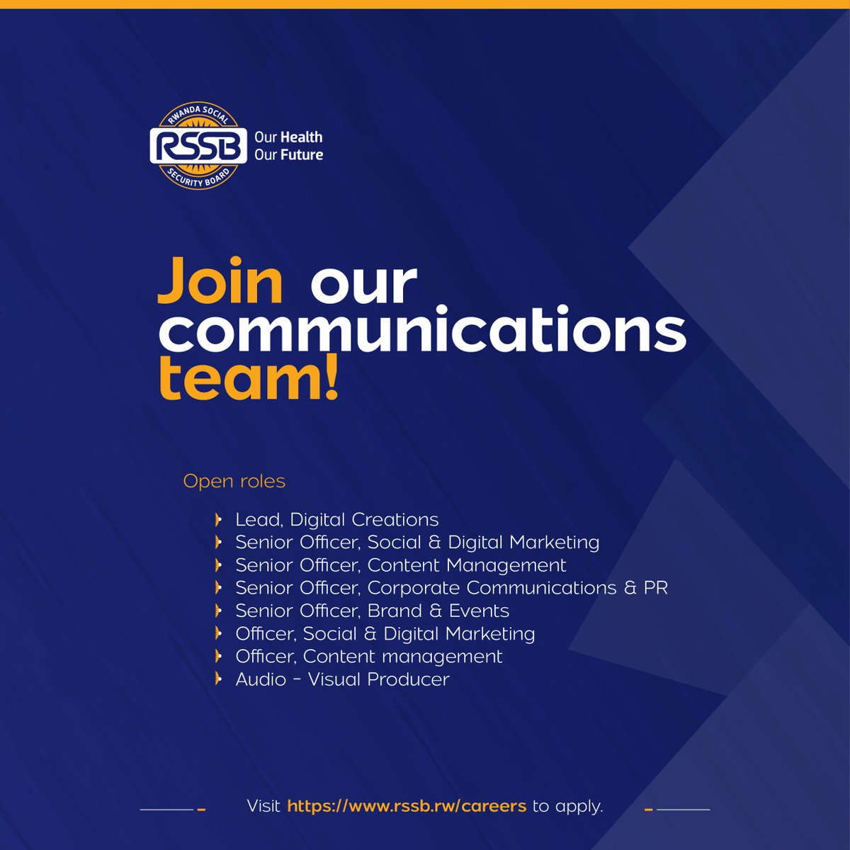 RSSB_Rwanda's tweet photo. ⚡ We are hiring!

Are you creative and passionate about storytelling? We are looking for dynamic individuals to join our Communications and Marketing team.

Explore open roles and apply here. 👇

https://t.co/aHVvgJts6c https://t.co/RnReUIHIDV