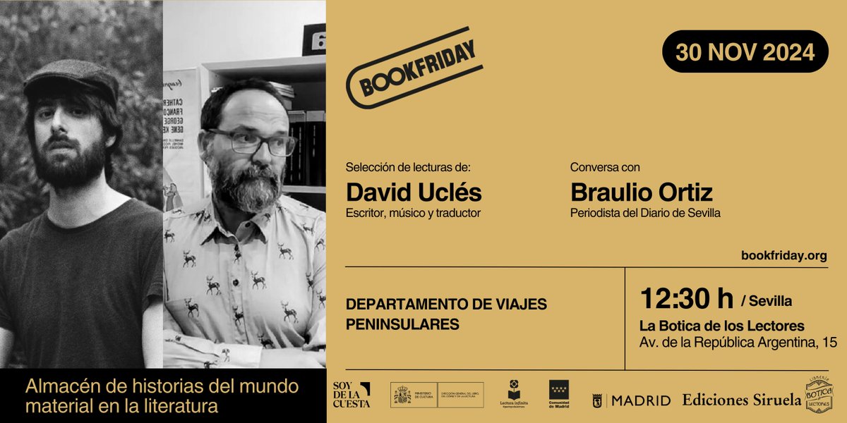 Soy de la Cuesta (@soydelacuesta) on Twitter photo 🚢#SEVILLA DEPARTAMENTO DE VIAJES PENINSULARES #bookfriday24 con <a href="/OrtizBraulio/">Braulio Ortiz Poole</a> y <a href="/daviducles_/">David Uclés</a> autor del GENIAL 'La península de las casas vacías' <a href="/edicionesiruela/">Siruela</a>
📅 30 DE NOV Acceso libre
<a href="/LibreriaBotica/">Librería Botica de Lectores</a> Av República Argentina, 15
Programa completo ➡️bookfriday.org 🚢#SEVILLA DEPARTAMENTO DE VIAJES PENINSULARES #bookfriday24 con <a href="/OrtizBraulio/">Braulio Ortiz Poole</a> y <a href="/daviducles_/">David Uclés</a> autor del GENIAL 'La península de las casas vacías' <a href="/edicionesiruela/">Siruela</a>
📅 30 DE NOV Acceso libre
<a href="/LibreriaBotica/">Librería Botica de Lectores</a> Av República Argentina, 15
Programa completo ➡️bookfriday.org