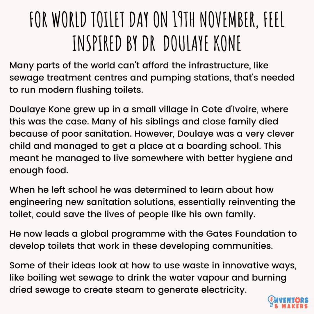 Today is World Toilet Day.
Our STEM Hero this week has an inspiring back story that motivated him to reinvent the toilet for developing communities. It's a story of thinking outside the box. #stemheroes #worldtoiletday #toiletday #worldtoiletday2024