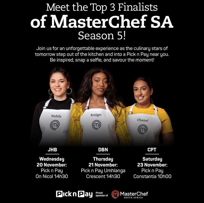 SABC3's tweet photo. 📢 Exciting News 

#MasterChefSARoadShow: TOP 3 finalists of @sa_masterchef  will be coming to a Pick n Pay near you 🙌 

Come and mingle with the TOP 3 finalists before the finale episode this Saturday 23rd of November at 8:30PM on S3. 

#S3openup  #MasterChefSARoadShow https://t.co/0EsOxPCgfO