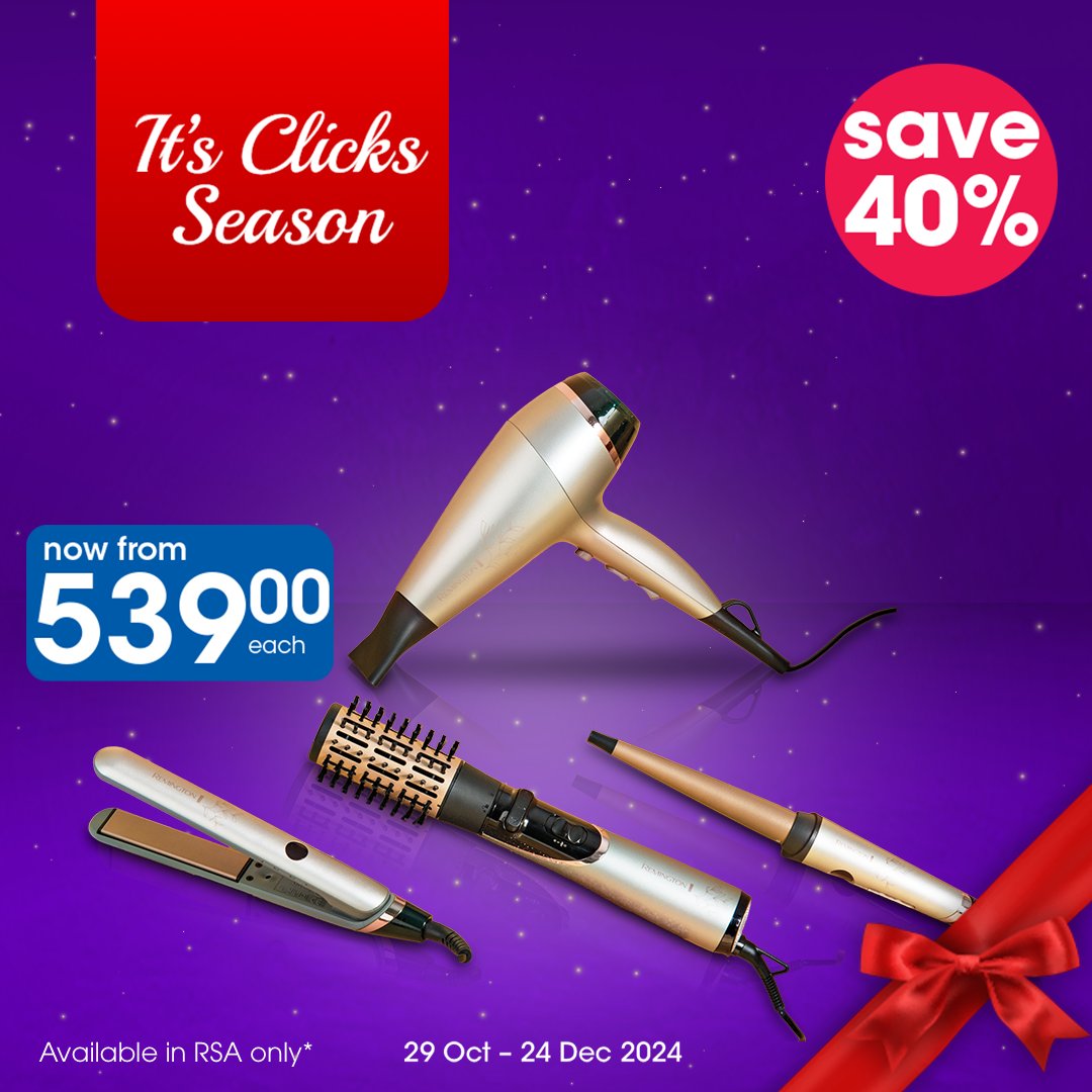 Clicks_SA's tweet photo. Style like a pro this festive season with Remington! 🎉✨
SAVE up to 40% on Remington hairdryers, straighteners, curling wands, hairstylers, and more!
Don’t wait, grab these hot styling tools today! -> https://t.co/GVQHDjOt6c
#ItsClicksSeason #FestiveGiftGuide #Clicks https://t.co/vuiFOBxokQ